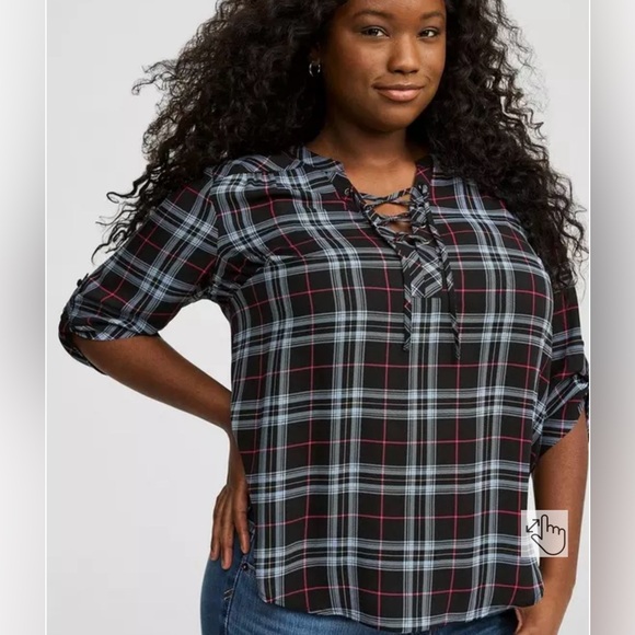 Torrid Black and Pink Plaid Lace-Up Sheer Blouse - Picture 7 of 11